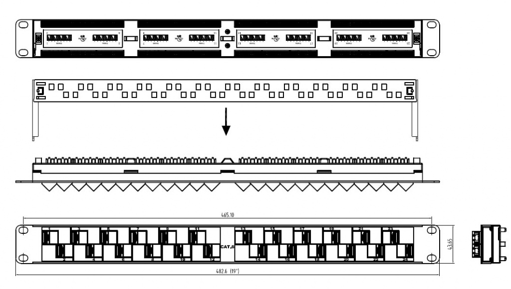 Конструкция патч-панели с угловыми портами PP2A-19-24S-8P8C-C6-110