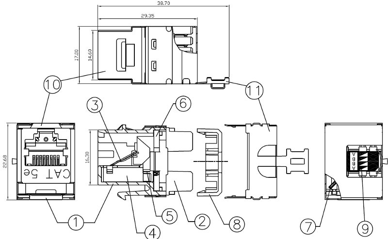 Модуль Keystone Jack RJ-45 категория 5е, Krone type Hyperline KJ5-8P8C-C5e-180-SH-F-WH