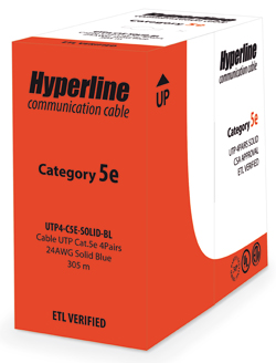 Кабель витая пара UTP, 4 пары, категория 5e, одножильный UTP4-C5E-SOLID-GY-305 Hyperline