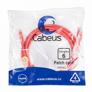 Патч-корд Cabeus PC-UTP-RJ45-Cat.6-3m-RD красный